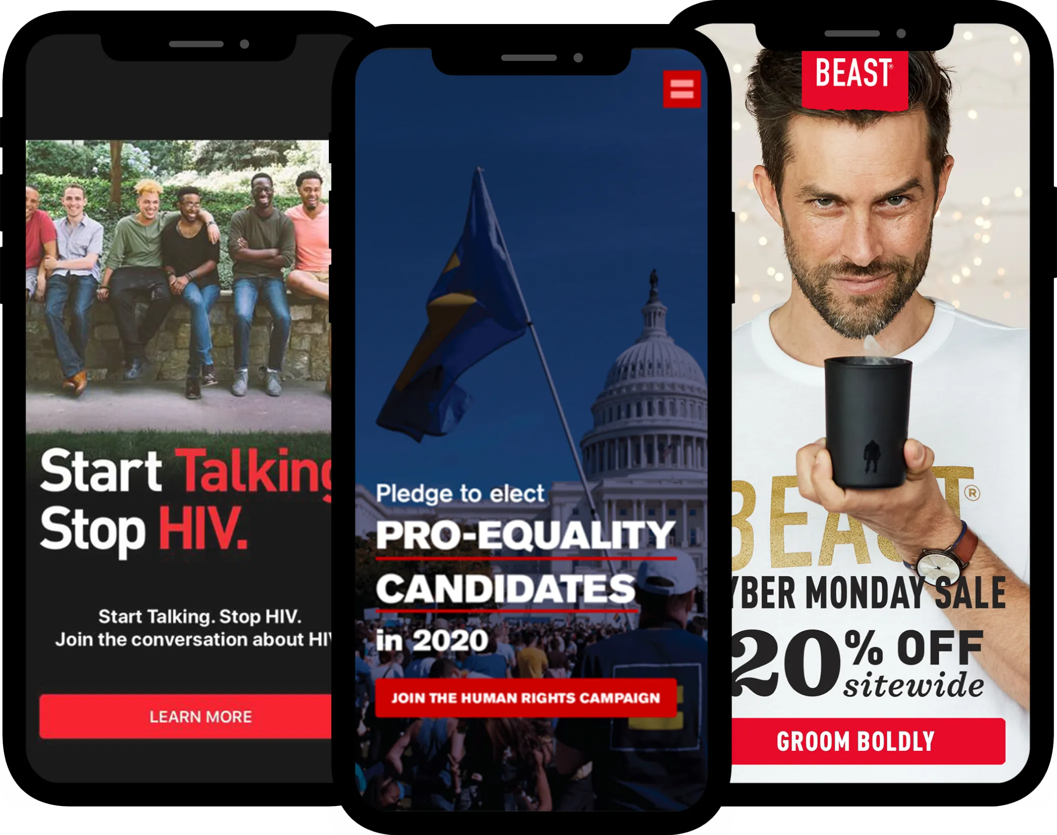 Three examples of full-screen mobile advertising placements